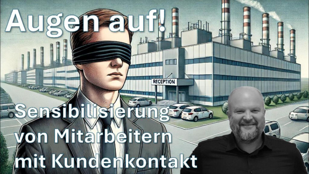 Businessman in front of a factory with blindfold. Text: open your eyes when you are at customer sites