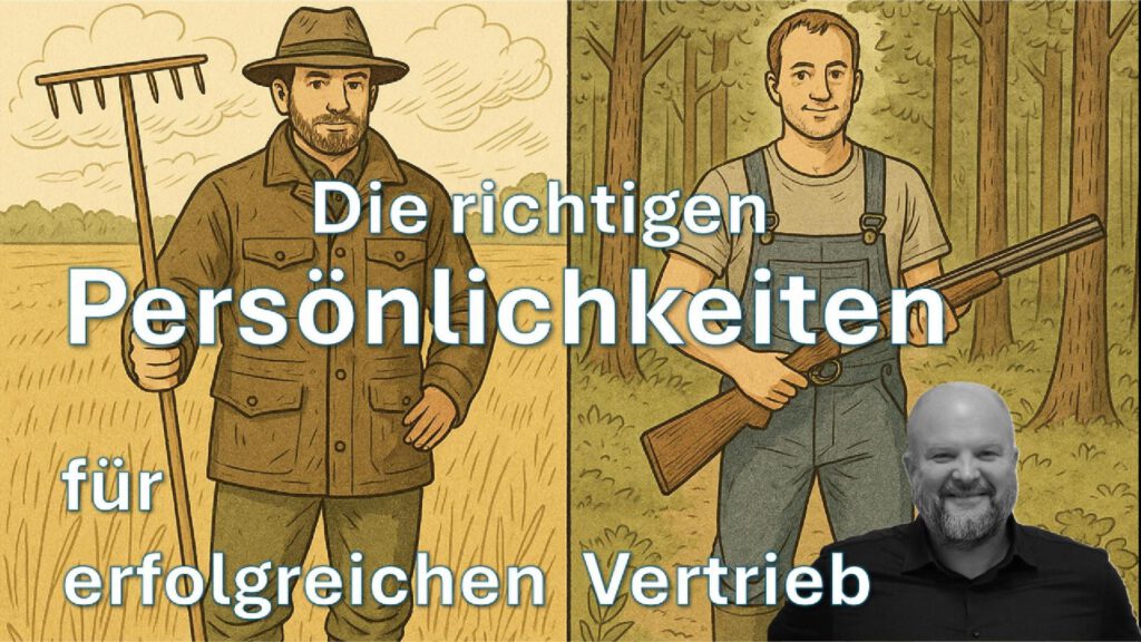 Die richtigen Persönlichkeiten für erfolgreichen Vertrieb To Persons on each side: One Farmer with a gun I a forrest and One Hunter holding a rake on a field