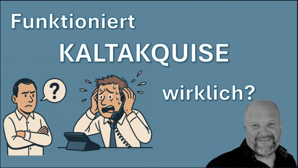 Critical Customer and a sweating Sales Person on a phone with the question: "Does cold calling really work?"