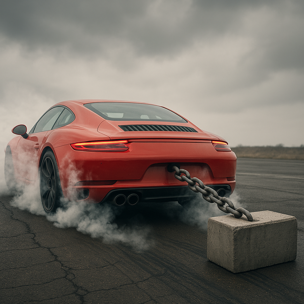 Sportwagen mit Bremsklotz an Kette und durchdrehenden Rädern