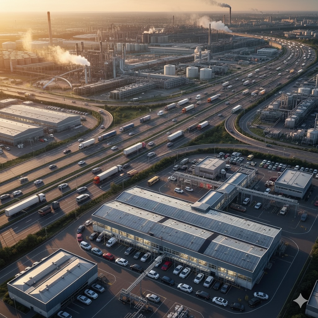 Blick auf Fabrikhallen in denen Autos produziert werden und LKWs, die diese mit Teilen versorgen