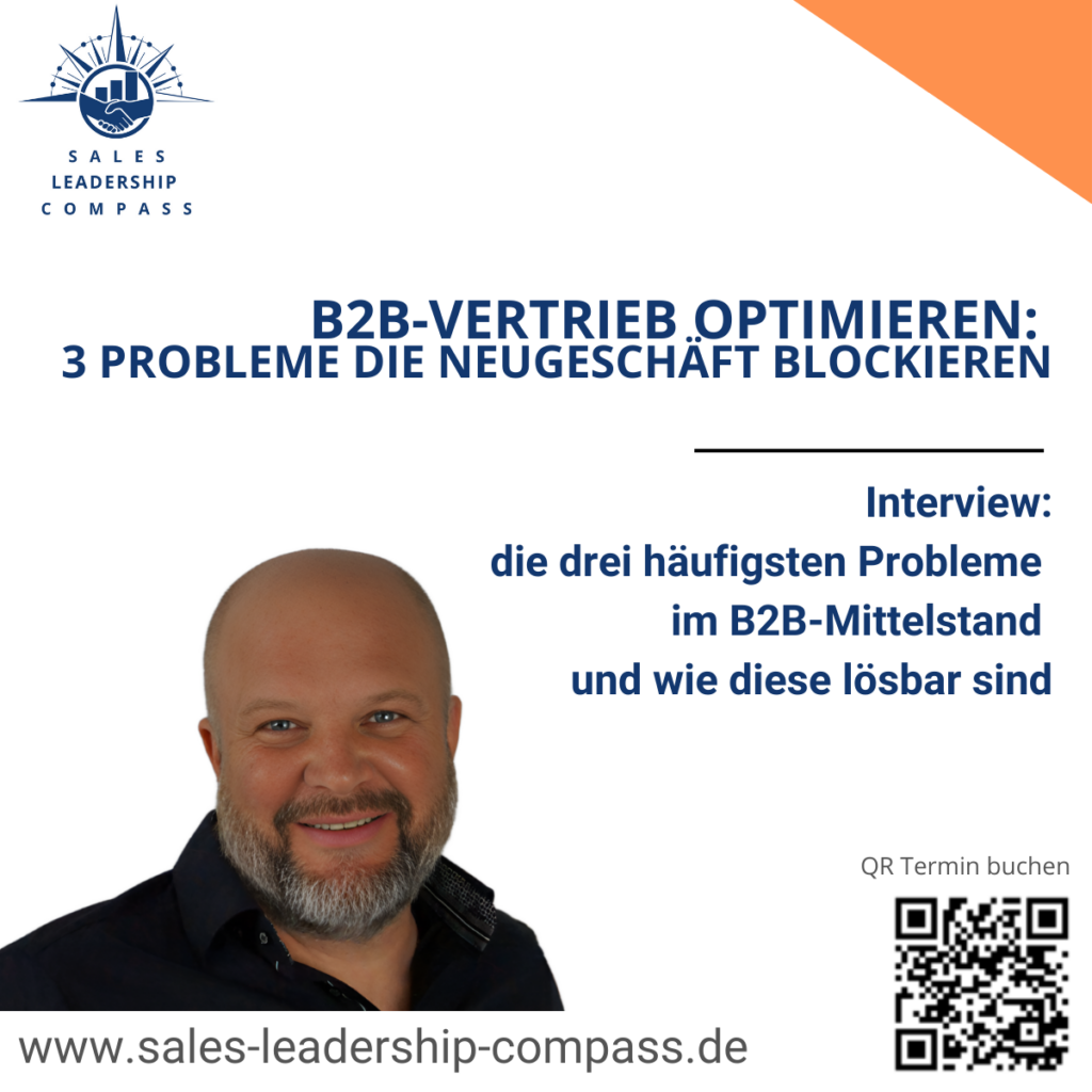 Sales Leadership Compass - das Interview Grafik mit Sales Leadership Compass Logo und Foto von Hubert. Überschrift B2B-Vertrieb optimieren - die 3 häufigsten Probleme