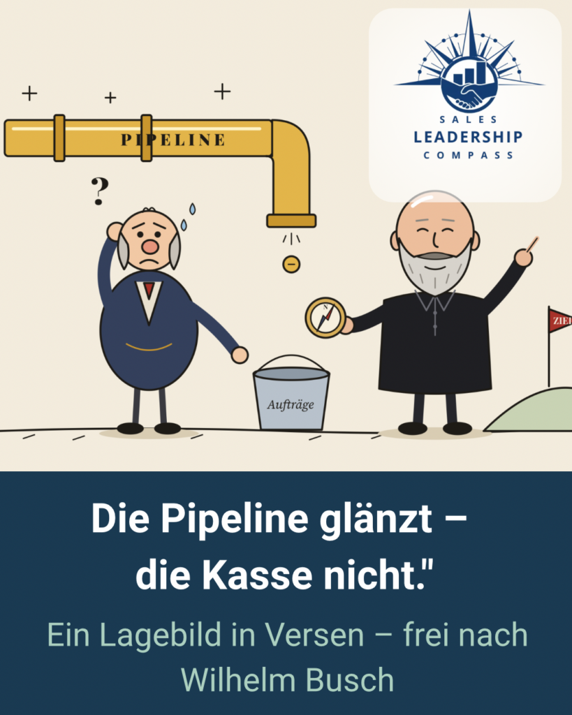 Die Pipeline glänzt – die Kasse nicht: Ein Vertriebsgedicht frei nach Wilhelm Busch Comic-Illustration: Ein Vertriebler steht ratlos unter einer tropfenden CRM-Pipeline, während eine Figur mit Kompass auf das Ziel zeigt – Sales Leadership Compass, "Die Pipeline glänzt – die Kasse nicht"